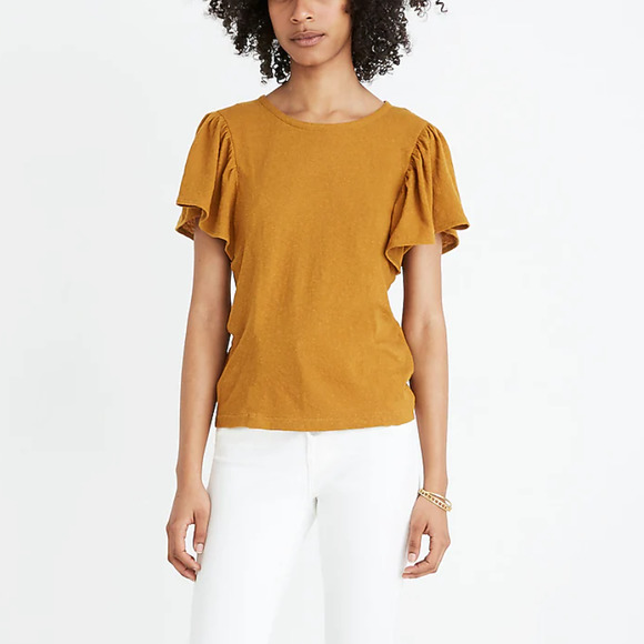 Madewell Flutter Sleeve Tee Size XXS Mustard Yellow Ruffle Earthy Neutral Gold - Picture 1 of 6